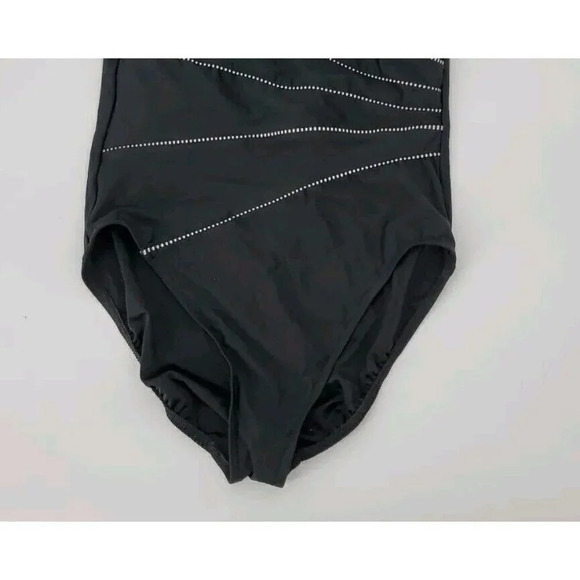 MIRACLESUIT One Piece Swimsuit Criss Cross Front Sz 16 Black w/ Black White Trim - Picture 8 of 10